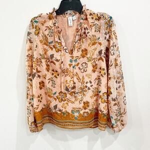 Joie Boho Floral Ruffle V-Neck Peasant Sleeve Chiffon Blouse Top Sz S